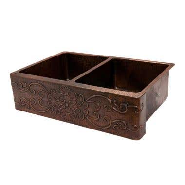 Premier Copper Products 33 Inch Hammered Copper Kitchen Apron 50/50 Double Basin Sink with Scroll Design