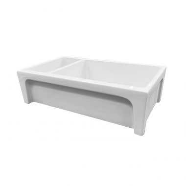 Front View -36 Inch Double Bowl Fireclay Reversible Apron Farmhouse Sink with Concave Front - White