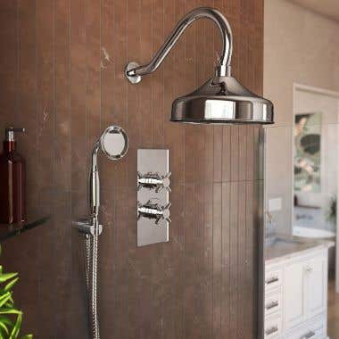 Tranquil Rainfall Thermostatic Shower Set with round showerhead, gooseneck Handshower, and Metal Cross handles