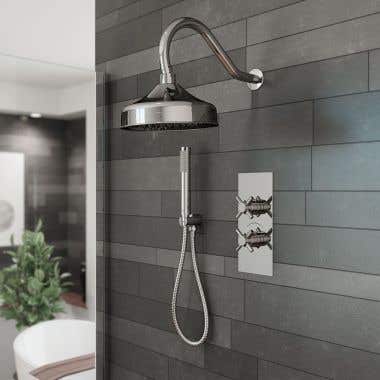 Tranquil Rainfall Thermostatic Shower Set with round showerhead, Wand Handshower, and Metal Cross handles