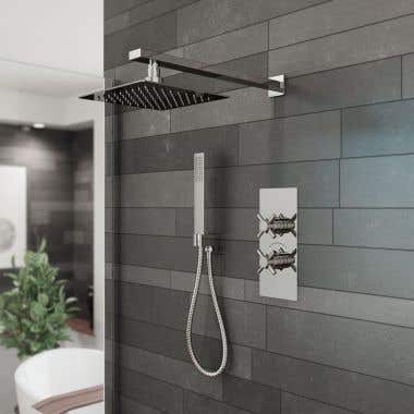 Tranquil Rainfall Thermostatic Shower Set with square showerhead, Metal cross handles, and sqaure Handshower