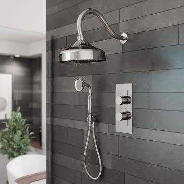 Tranquil Rainfall Thermostatic Shower Set with round showerhead, gooseneck Handshower, and round handles