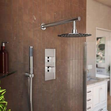 Tranquil Rainfall Thermostatic Shower Set with round showerhead,square handles, and round Handshower