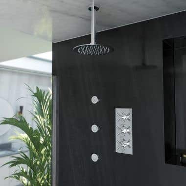 Tranquil Rainfall Shower Set with Ceiling Tranquil Rainfall Shower Head, Metal Cross Valve, and 3 Round Body Sprays