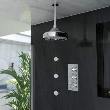 Tranquil Rainfall Shower Set with Ceiling Tranquil Rainfall Shower Head, Metal Cross Valve, and 3 Round Body Sprays