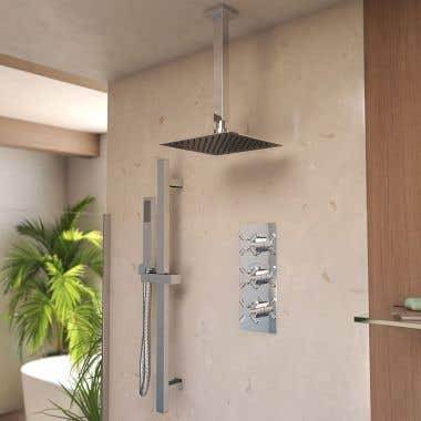 Tranquil Rainfall Thermostatic Shower Set with square showehead, square Handshower, and Metal Cross Valve