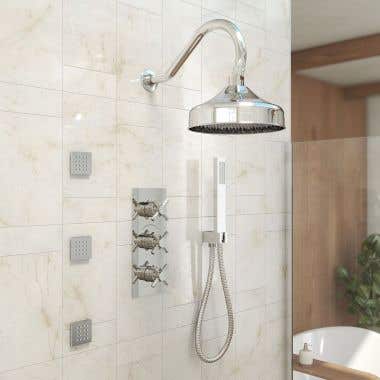 Tranquil Rainfall Thermostatic Shower Set with Round showehead, square Handshower, Metal Cross Valve, and sqaure body jets