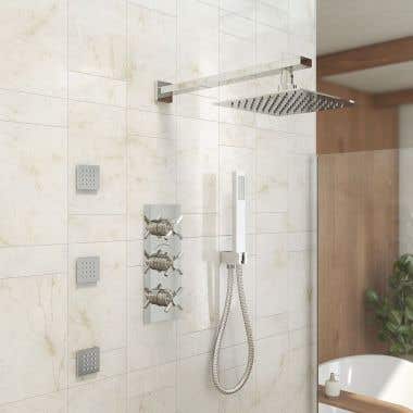 Tranquil Rainfall Thermostatic Shower Set with square showehead, square Handshower, Metal Cross Valve, and sqaure body jets