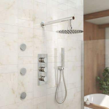 Tranquil Rainfall Thermostatic Shower Set with Round showehead, square Handshower, Round Valve, and Round body jets