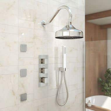 Tranquil Rainfall Thermostatic Shower Set with Round showehead, square Handshower, sqaure Valve, and sqaure body jets