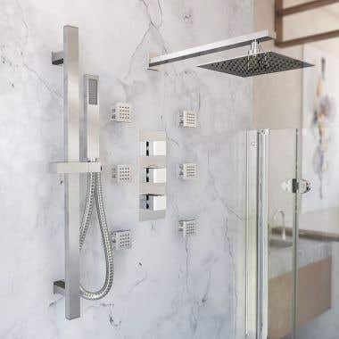 Tranquil Rainfall Thermostatic Shower Set with square showehead, square Handshower, sqaure Valve, and 6 sqaure body jets