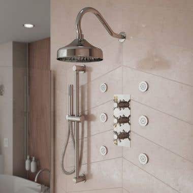 Tranquil Rainfall Thermostatic Shower Set with Round showehead, Round Handshower,  Metal Cross Valve, and 6 Round body jets