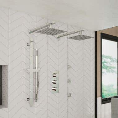 Rainfall Shower Set with 2 Ceiling Rainfall sqaure Shower Heads, Round Valve,Grab Bar, Square Handshower and 3 Square Body Sprays