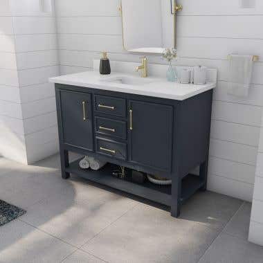 Philo 48 Inch Oak Vanity with Square Drop-In Sink - Navy Blue/White Carrara Marble