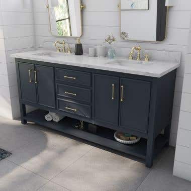 Philo 72 Inch Oak Vanity with Square Drop-In Sink - Navy Blue / White Carrara Marble