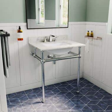 Everett Metal Sink Stand With Carrara Marble Vanity Top and Waterfall Faucet