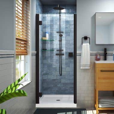 Lifestyle Shot - DreamLine Lumen 36 in. D x 36 in. W by 74 3/4 in. H Hinged Shower Door in Satin Black with White Acrylic Base Kit