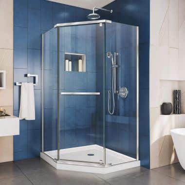 Prism 36 Inch x 74-3/4 Inch Frameless Neo-Angle Pivot Shower Enclosure with Corner Drain Shower Base
