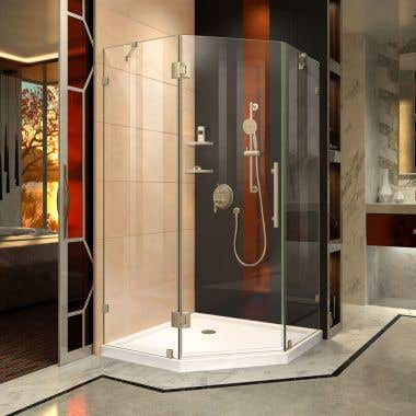 Lifestyle Shot - DreamLine Prism Lux 36 in. x 74 3/4 in. Fully Frameless Neo-Angle Shower Enclosure in Brushed Nickel with White Base