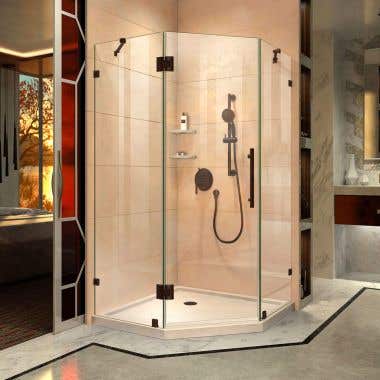 Lifestyle Shot - DreamLine Prism Lux 38 in. x 74 3/4 in. Fully Frameless Neo-Angle Shower Enclosure in Oil Rubbed Bronze with Biscuit Base