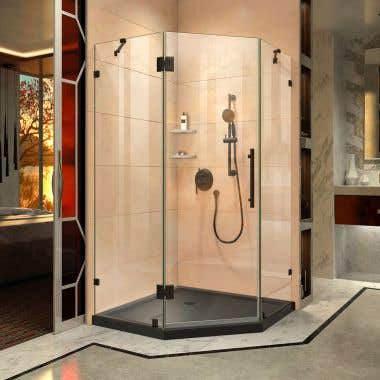 Lifestyle Shot - DreamLine Prism Lux 40 in. x 74 3/4 in. Fully Frameless Neo-Angle Shower Enclosure in Satin Black with Black Base