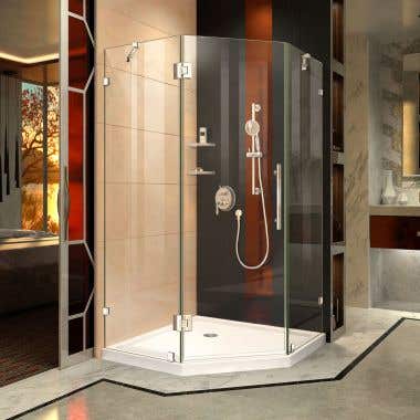 Lifestyle Shot - DreamLine Prism Lux 42 in. x 74 3/4 in. Fully Frameless Neo-Angle Shower Enclosure in Chrome with White Base