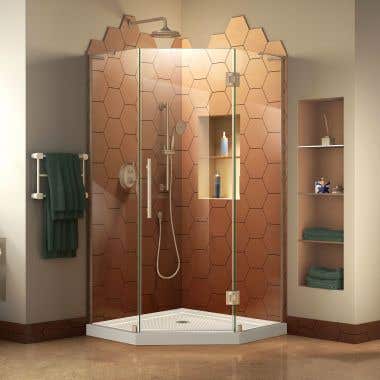 Lifestyle Shot - DreamLine Prism Plus 36 in. x 74 3/4 in. Frameless Neo-Angle Shower Enclosure in Brushed Nickel with White Base