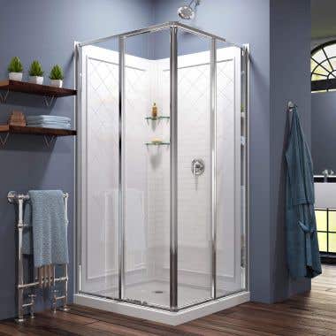 Cornerview 36 Inch D x 36 Inch W x 76-3/4 Inch H Framed Sliding Shower Enclosure with Corner Drain Shower Base and Back Wall