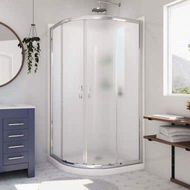 Prime 33 Inch x 76-3/4 Inch Semi-Frameless Frosted Glass Sliding Shower Enclosure with Corner Drain Shower Base and Back Wall
