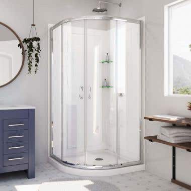 Prime 36 Inch x 76-3/4 Inch Semi-Frameless Clear Glass Sliding Shower Enclosure with Corner Drain Shower Base and Back Wall