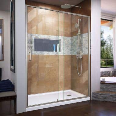 Lifestyle Shot - DreamLine Flex 36 in. D x 60 in. W x 74 3/4 in. H Semi-Frameless Shower Door in Brushed Nickel with Right Drain White Base Kit