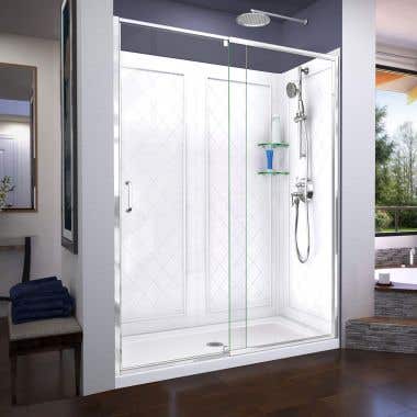 Lifestyle Shot - DreamLine Flex 30 in. D x 60 in. W x 76 3/4 in. H Semi-Frameless Shower Door in Chrome with Center Drain White Base and Backwalls
