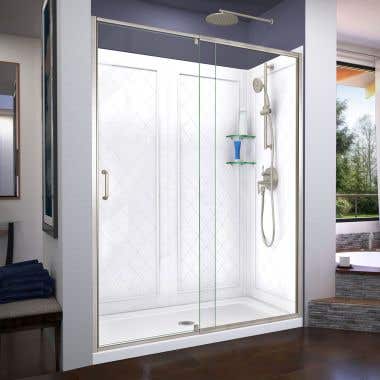 Lifestyle Shot - DreamLine Flex 32 in. D x 60 in. W x 76 3/4 in. H Semi-Frameless Shower Door in Brushed Nickel with Center Drain Base