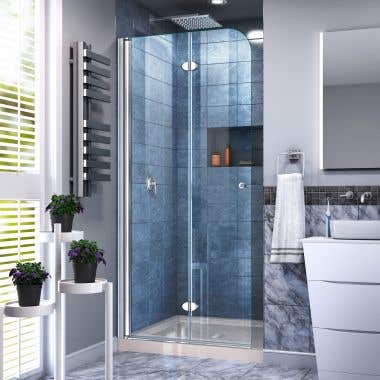 Lifestyle Shot - DreamLine Aqua Fold 32 in. D x 32 in. W x 74 3/4 in. H Frameless Bi-Fold Shower Door in Chrome with Biscuit Acrylic Base Kit