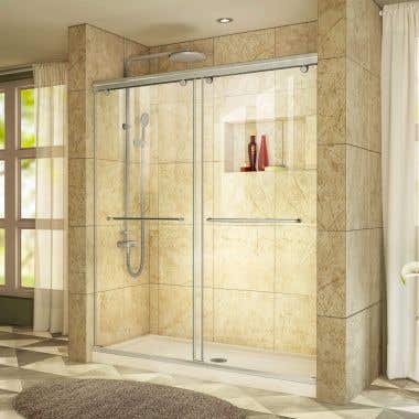 Lifestyle Shot - DreamLine Charisma 32 in. D x 60 in. W x 78 3/4 in. H Frameless Bypass Shower Door in Brushed Nickel and Center Drain Biscuit Base