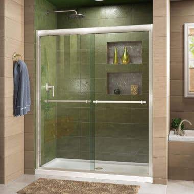 Lifestyle Shot - DreamLine Duet 36 in. D x 48 in. W x 74 3/4 in. H Semi-Frameless Bypass Shower Door in Brushed Nickel and Center Drain White Base