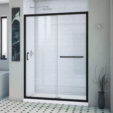 Lifestyle Shot - DreamLine Infinity-Z 32 in. D x 54 in. W x 74 3/4 in. H Clear Sliding Shower Door in Satin Black and Center Drain White Base