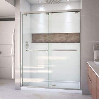 Lifestyle Shot - DreamLine Encore 32 in. D x 60 in. W x 78 3/4 in. H Bypass Shower Door in Brushed Nickel and Center Drain White Base Kit