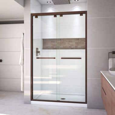 Lifestyle Shot - DreamLine Encore 34 in. D x 48 in. W x 78 3/4 in. H Bypass Shower Door in Oil Rubbed Bronze and Center Drain White Base Kit