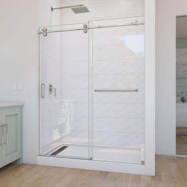 Enigma-CXO 56-60 in. W x 76 in. H Fully Frameless Sliding Shower Door in Polished Stainless Steel with Towel Bar