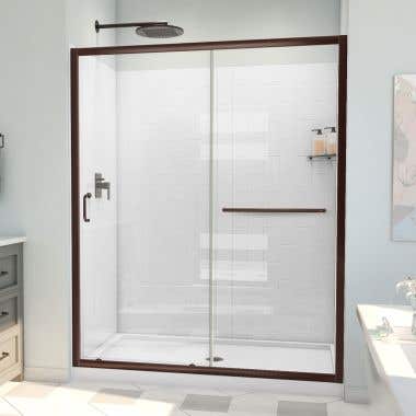 Infinity-Z 32 in. D x 60 in. W x 78 3/4 in. H Sliding Shower Door, Base, and White Wall Kit