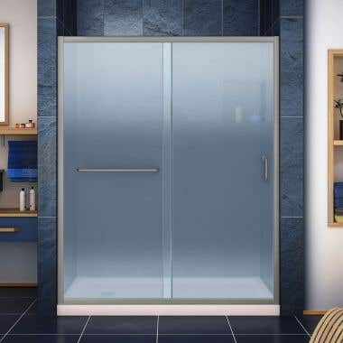 Lifestyle Shot - DreamLine Infinity-Z 34 in. D x 60 in. W x 74 3/4 in. H Frosted Sliding Shower Door in Brushed Nickel and Left Drain Biscuit Base