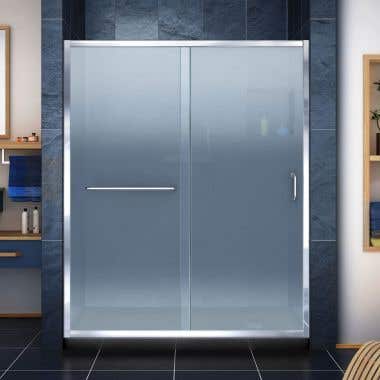 Lifestyle Shot - DreamLine Infinity-Z 32 in. D x 60 in. W x 74 3/4 in. H Frosted Sliding Shower Door in Chrome and Right Drain Black Base