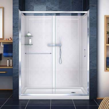 Life-Infinity-Z 36 Inch D x 60 Inch W x 76-3/4 Inch H Clear Sliding Shower Door with Right Drain Shower Base and Back Wall