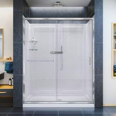 Life-Infinity-Z 36 Inch D x 60 Inch W x 76-3/4 Inch H Clear Sliding Shower Door with Center Drain Shower Base and Back Wall