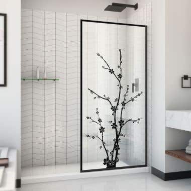 Linea Blossom 34 in W x 72 in H Single Panel Frameless Shower Door, Open Entry Design in Satin Black
