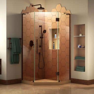 Lifestyle Shot - DreamLine Prism Plus 38 in. x 72 in. Frameless Neo-Angle Hinged Shower Enclosure in Oil Rubbed Bronze