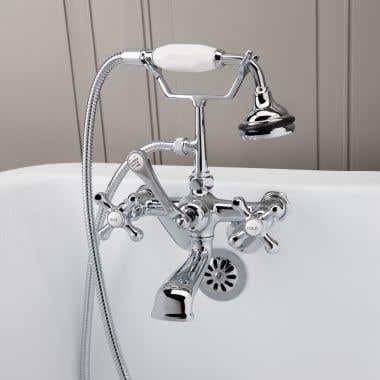 Chrome Low Spout British Telephone Clawfoot Faucet with Handshower & Metal Cross Handles