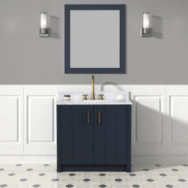 Life View - Navy / White Carrera Marble Top - Cora 36 Inch Solid Oak Bathroom Vanity
