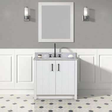 Life View - White / White Carrera Marble Top - Cora 36 Inch Solid Oak Bathroom Vanity